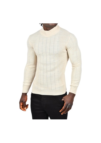 Deepsea Erkek Bej Yarım Balıkçı Yaka Çizgili Tüylenmeyen Slim Fit Triko Kazak 2505491 Bej