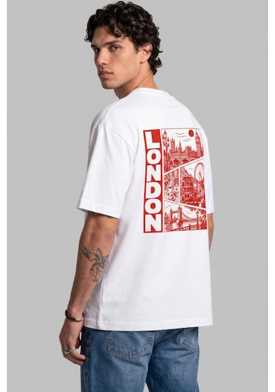 Black Nova Oversize Baskılı Unisex Tişört London Stamp Beyaz