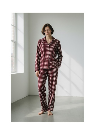 Feg Store Kadın Bordo Pötikare Desenli Süet Dokulu Yumuşak Kışlık Pijama Takımı