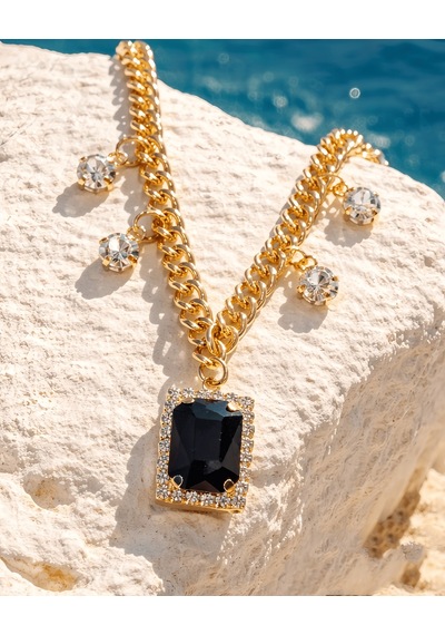 Baget Model Zirkon Taşlı Gold Siyah Renkli Çelik Kolye