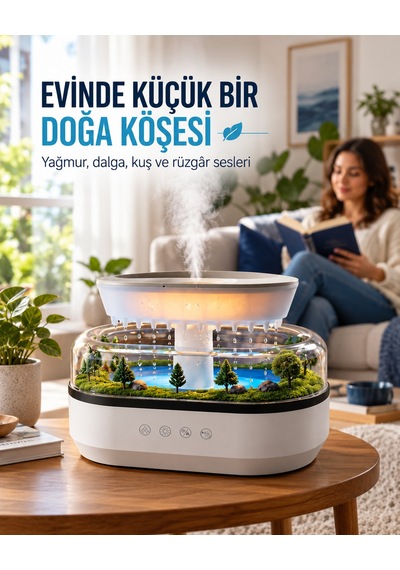 Yağmur Damlası Efektli Aroma Difüzör Hava Nemlendirici Orman Manzaralı Dekoratif Esansiyel Yağ Uyumlu Dokunmatik Tuşlu Ofis Yatak Odası