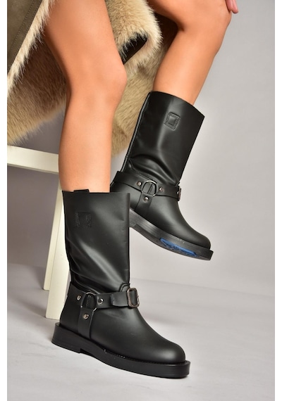 Fox Shoes T973530309 Siyah Alçak Topuklu Kadın Bot Siyah-Suni Deri Siyah