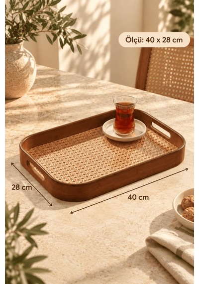 Atbyhome Akasya Çerçeveli Hazeran Dikdörtgen Tepsi 40x28 Cm - Kulplu Bohem Çay Kahve Sunum Tepsisi