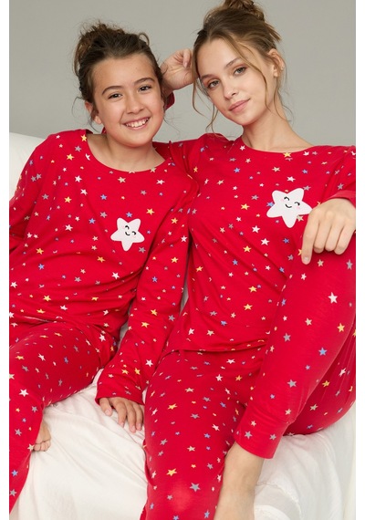 Siyah İnci Pamuklu Bisiklet Yaka Örme Pijama Takım25241120 Kırmızı
