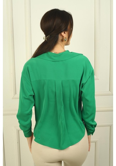 By Saygı Önü Düğümlü Mikro Saten Gömlek-39742 Yeşil