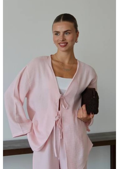Balenbi Kadın Çift Bağlamalı Müslin Kumaş Kimono 1101 Pembe