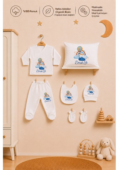 Pia Baby Erkek Bebek 6'lı Zıbın Seti %100 Pamuk İsme Özel Organik Baskı Yastık Kılıfı Hediyelik Set 2049yz0x Ekru