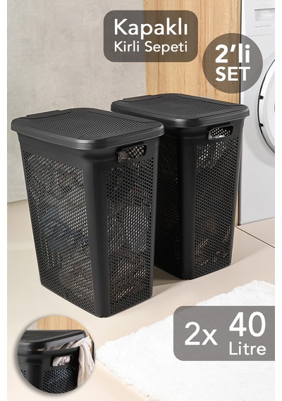 2'li Kirli Çamaşır Sepeti Seti - 40 Litre Kapaklı Delik Detaylı Stash Slim Kirli Sepeti Siyah Siyah