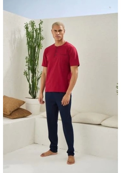 Moon Wear Erkek 2207 Erkek Battal Midi Yaka Pijama Takım Bordo