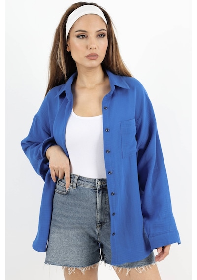 Ritnice Kadın Yumuşak Müslin Kumaş Uzun Mavi Oversize Gömlek Mavi