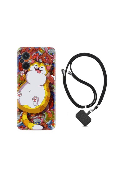 Xiaomi Poco M5 Kılıf İpli Boyun Askılı Desenli Silikon Tombul Kedi 1739