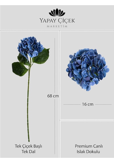 Saks Mavi Yapay Ortanca Çiçeği Tek Dal Premium Canlı Islak Dokulu 68 Cm