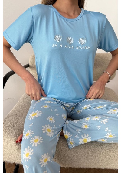 Giysa Kadın Bisiklet Yaka Desenli Kısa Kollu Pijama Takımı Mavi - 26y 2601