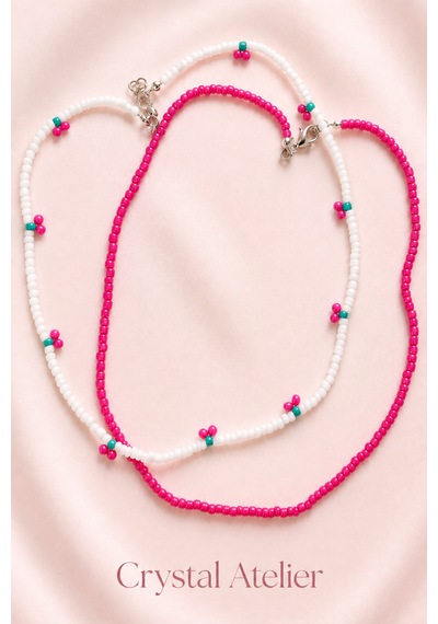 Crystal Atelier 2'li Pembe Kiraz Boncuk Kolye Seti El Yapımı Kum Boncuk Beyaz Pembe İkili Choker Kombini Meyve Temalı Hediyelik Kolye Pembe - Beyaz
