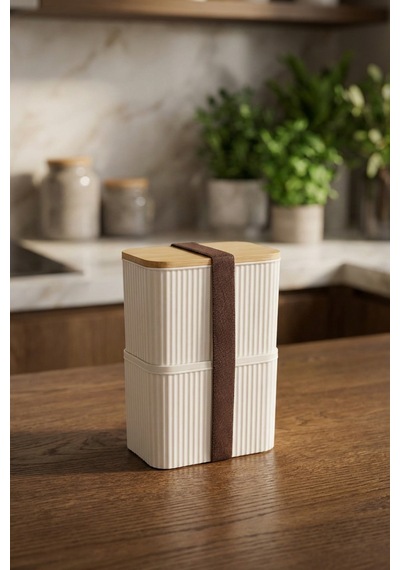 Makri Home Bambu Kapaklı 2 Katlı Saklama Kabı Seti - 2x1 Litre Krem