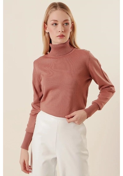 Onno Style Women Düz Balıkcı Yaka Basic Kazak Somon