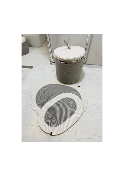 Jüt,hasır, 3 Lü Banyo Paspas Takımı, Bohem Tarzı Banyo Takımı,iskandinav Paspas/sepet Gri Krem Gri Krem