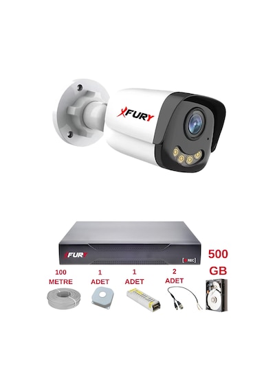 Fury 1 Kameralı 4 Warm Led Gece Renkli Görüş-cepten İzle-su Geçirmez Güvenlik Kamerası Seti 500gb