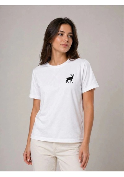 Freedom Storee Kadın Minimal Geyik Logolu Tişört Bisiklet Yaka Kısa Kol Yazlık T-shirt - Beyaz Çok Renkli