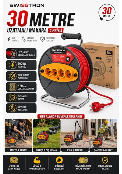 Swisstron Sws30mkset 30 Metre 3x2,5 Mm² 4 Prizli Makaralı Uzatma Kablosu Seyyar Kablo Makarası 30 M
