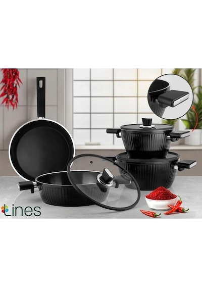 Lines 7 Parça Bioseramik Kristal Tencere Seti İndüksiyon Taban - 152.4.07.093 Siyah