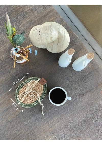 4 Adet Oval Dekoratif Bardak Altlığı Seti - Yuvarlak , Leke Tutmaz - Naturel-yeşil 13x17 Cm Yeşil