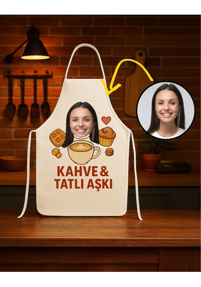 Kişiye Özel Karikatür Fotoğraflı Mutfak Önlüğü Kahve Tatlı Aşkı Krem