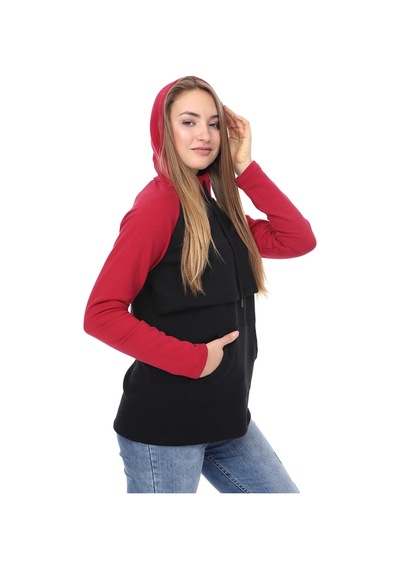 Luvmabelly Myra4525 Bordo&siyah Parçalı Kapüşonlu Ve Cepli Emzirme Sweatshirt