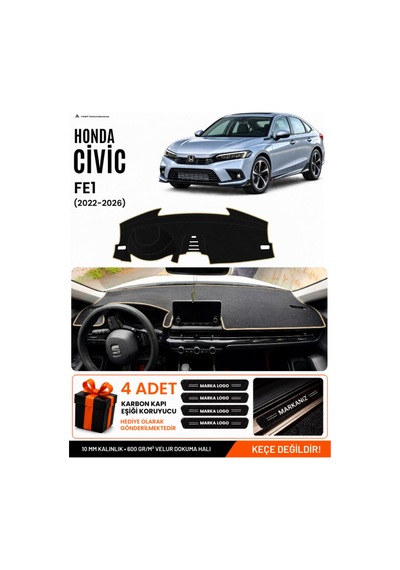 Honda Cıvıc Fe1 2022-2026 Uyumlu Torpido Örtüsü, Torpido Kılıfı - Siyah Bej