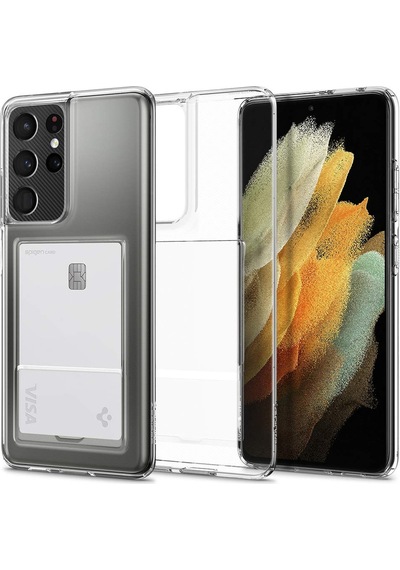 Kvy Samsung Galaxy Uyumlu S21 Ultra Kamera Korumalı Kartlıklı Setra Şeffaf Silikon Kılıf