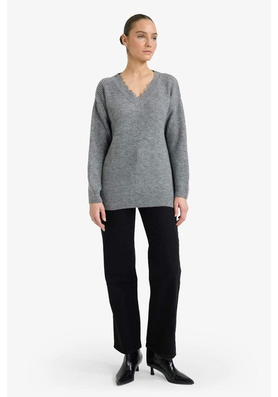 Defacto Oversize Geniş Kalıp V Yaka Triko Kazak G6653ax25wngr156 Gri-gr156