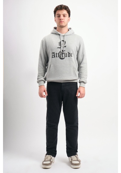We&me Oversize Geniş Kalıp Baskılı Kapüşonlu Erkek Sweatshirt Gri