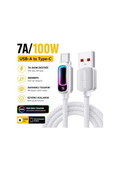 Essager 7a 100w Rgb Işıklı Usb-a To Type-c Hızlı Şarj Kablosu 480mbps Veri Aktarımı, Örgülü Dayanıklı Kablo 00354-00355 Beyaz 1 Metre