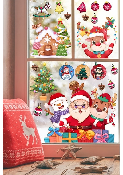 Yılbaşı Sticker Noel Baba Geyik Kardan Adam Ve Işıklı Noel Süsleri Pencere Sticker