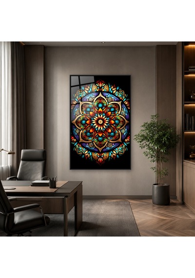 Siyah Fonda Vitray Renklerinde Detaylı Simetrik Mandala Siyah Çerçeveli Cam Tablo