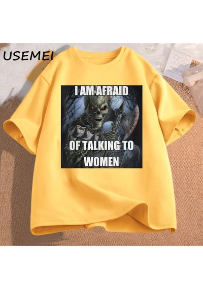 Flood Of Style Ben Kadın T-shirt Erkek Pamuk Kısa Kollu Tees İle Konuşmaktan Korkuyorum Komik Sert İskelet M Sarı