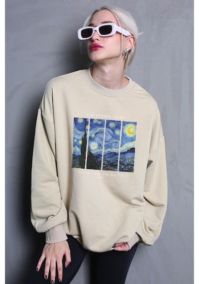 Uyguntarz Unisex The Starry Night Baskılı Oversize Sweatshirt Bej