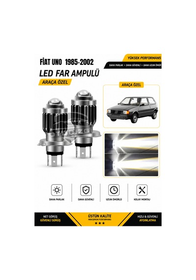 Fiat Uno 1985-2002 H4 Led Far Ampulü Beyaz Işık Canbus Mini Lensli 2'li Set