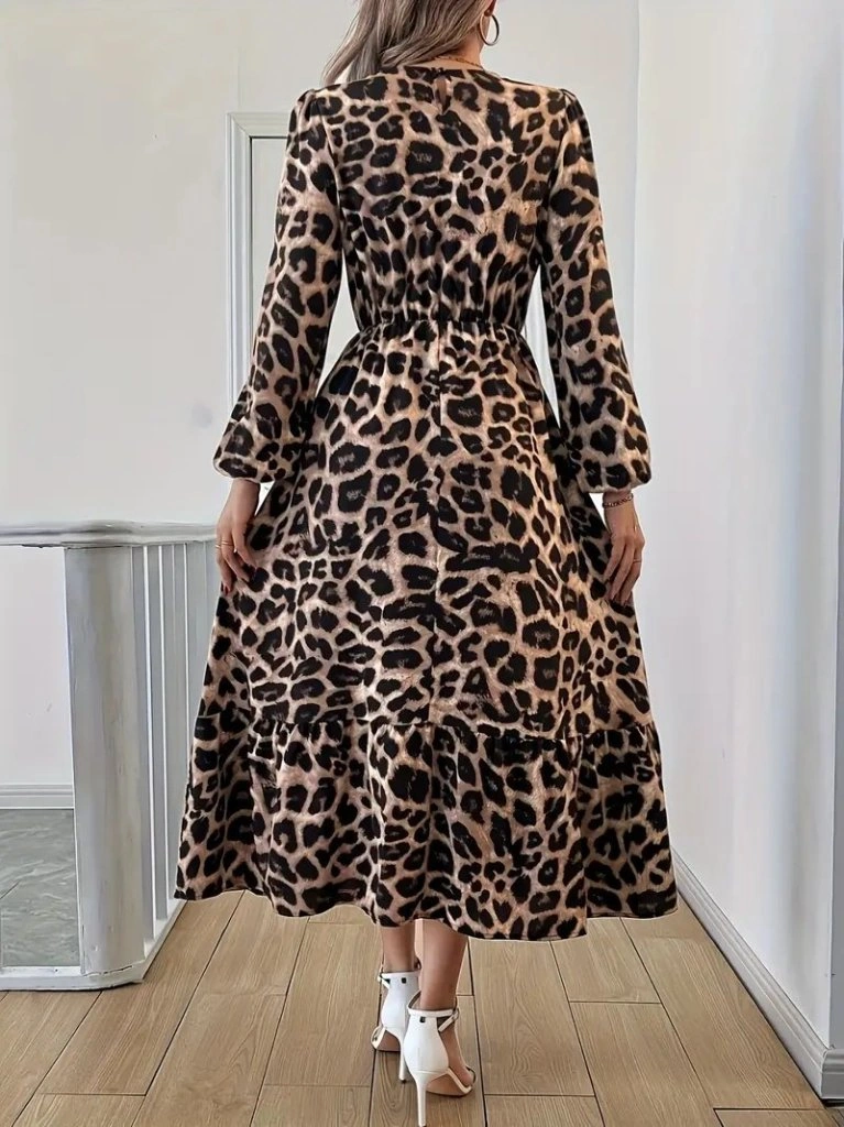 Hazego Uzun Kollu Bisiklet Yaka Leopar Desenli Midi Süprem Elbise Leopar