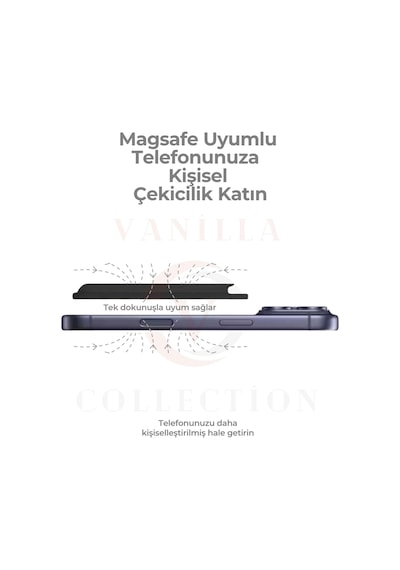 Vanilla Collection Kişiye Özel İsim Baskılı Deri Magsafe Uyumlu Mıknatıslı Telefon Arkası Kartlık Siyah