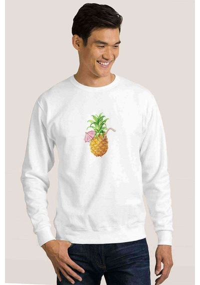 Suyu Smoothie Ananas Çizim Meyve Ananas Baskılı Beyaz Erkek Sweat (528385599)