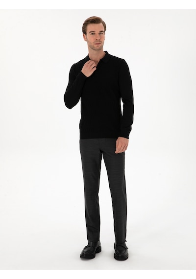 Cacharel Siyah Slim Fit Yün Karışımlı Polo Yaka Triko Kazak