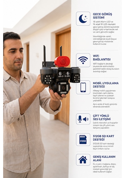Viva Sım-840w 4 Kameralı Akıllı Güvenlik Kamerası 12mp Wifi Ptz Aı Hareket Takipli Renkli Gece Görüşlü Dış Mekan Ip Kamera
