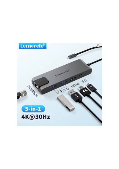 Lemorele Tc24, 5 İn 1 Çoğaltıcı Hub - 1x Rj45 İnternet 2x Usb 3.0 4k Hdmı Ve Type-c Pd Şarj Girişli Çoklayıcı