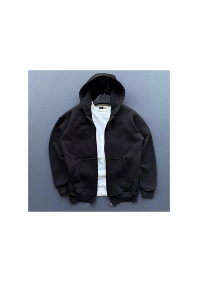 Kadın 3 İplik Şardonlu Tam Fermuarlı Kapüşonlu Arka Çanta Detaylı Sweatshirt - Siyah