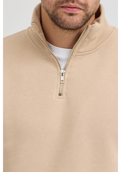 Polostate Unisex Regular Fit Rahat Kesim Pamuklu Içi Polarlı Yarım Fermuarlı Bej Dik Yaka Sweatshirt Bej