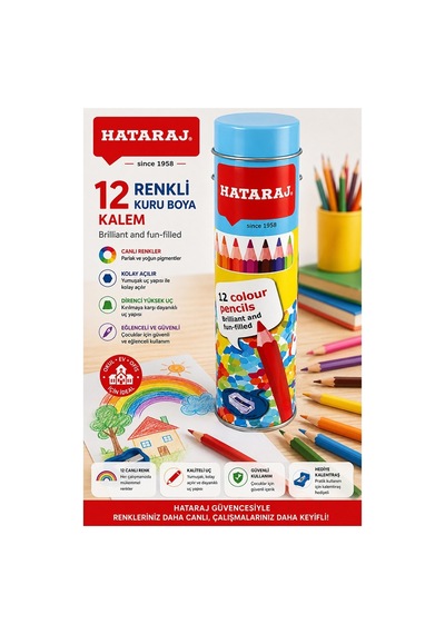 12 Li Kuru Boya Kalemi Teneke Kutu 1 Paket Nataraj 12 Renk Kuruboya Tam Boy Canlı Renkli Boya Kalem Okul Öğrenci Çok Renkli