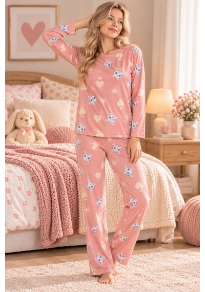 Free Beka Bisiklet Yaka Şık Desenli Rahat Ve Esnek Kumaş Uzun Kollu Kadın Pijama Takımı Pembe Free Beka Bisiklet Yaka Şık Desenli Rahat Ve Esnek Kumaş Uzun Kollu Kadın Pijama Takımı Pembe