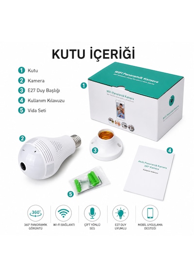 360 Panoramik Ampul Kamera E27 Duy Girişli Led Wifi Ip Kamera V380 Pro Türkçe Uygulama Destekli