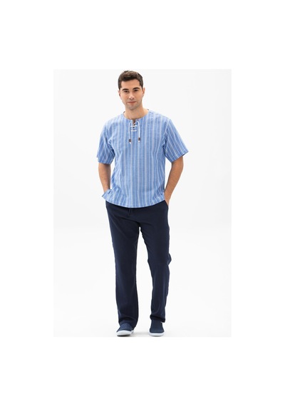 Kısa Kol Şile Bezi Zımbalı Erkek Yazlık Tshirt Mavi Beyaz Çizgili 3019-mavi Beyaz Çizgili Beyaz - Mavi